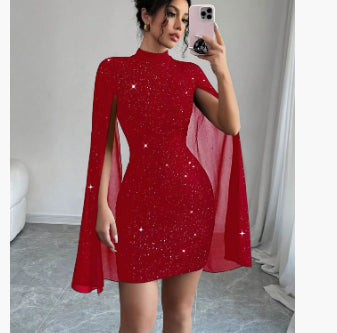 Pearl Detail Chiffon Evening Dress with Cape Sleeves