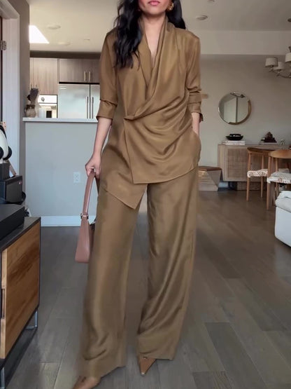Satin wrap top and wide-leg pants suit