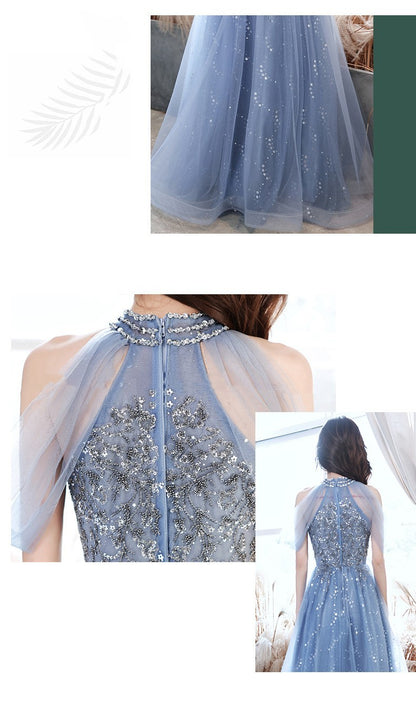 French-Inspired Elegant Blue Evening Dress