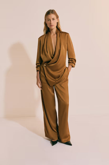 Satin wrap top and wide-leg pants suit