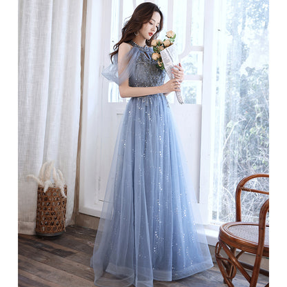 French-Inspired Elegant Blue Evening Dress